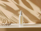Within a sunlit room boasting beige tones, minimalist skincare bottles stand gracefully.