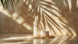 A wooden platform hosts skincare bottles, accentuated by a vase of dried plants casting tranquil shadows. Beige tones.