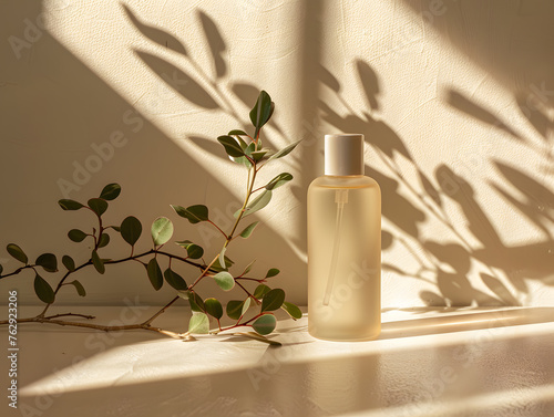 Minimalist skincare bottles grace a sunlit room with beige tones, their unassuming presence enhanced by the warm sunlight.