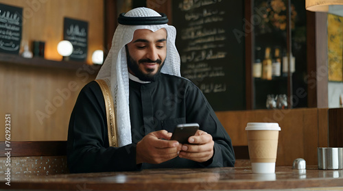 Arab Muslim man in abaya, sits in a coffee shop and works with a smartphone.generative.ai photo