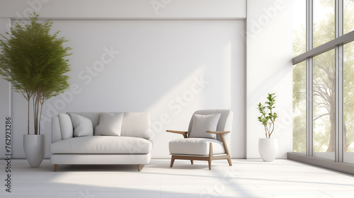 Minimalist room interior with a simple sofa and empty walls