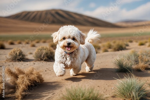 A detailed image depicting a pristine white multipoo dog gracefully navigating through the vast expanse of a desert landscape photo