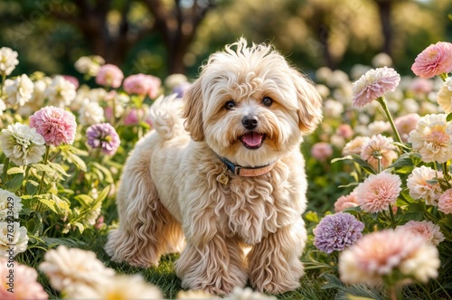 A multipoo dog frolicking in a meticulously detailed field of flowers. 