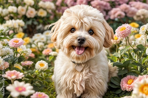 A multipoo dog frolicking in a meticulously detailed field of flowers.  photo