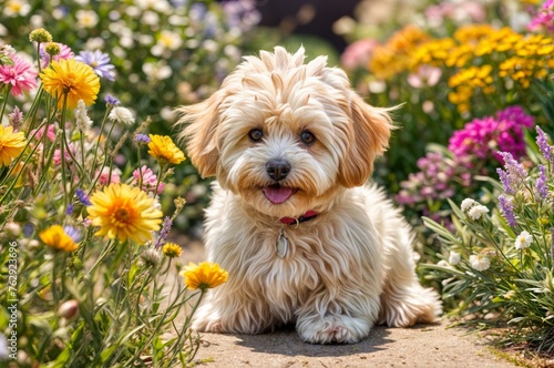 A multipoo dog frolicking in a meticulously detailed field of flowers.  photo