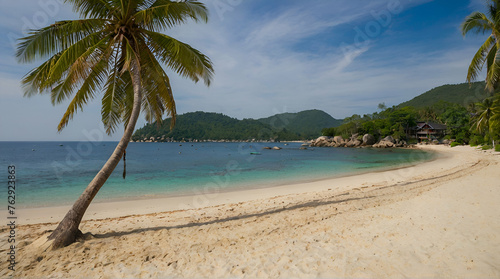 Panoramic view of tropical beach with coconut palm trees. Koh Samui  Thailand.generative.ai