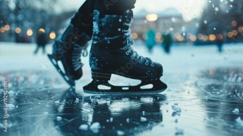 The intricate details of a skaters skate as they perform a triple axel on the ice.