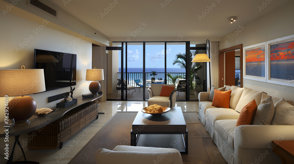 Fototapeta premium A cozy living room with a comfortable couch and a modern flat screen TV. The room features wood furniture, large windows, and a stylish interior design