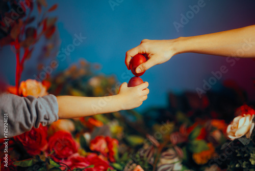 Photography Mother and Child Knocking Easter Eggs During Spring Holidays