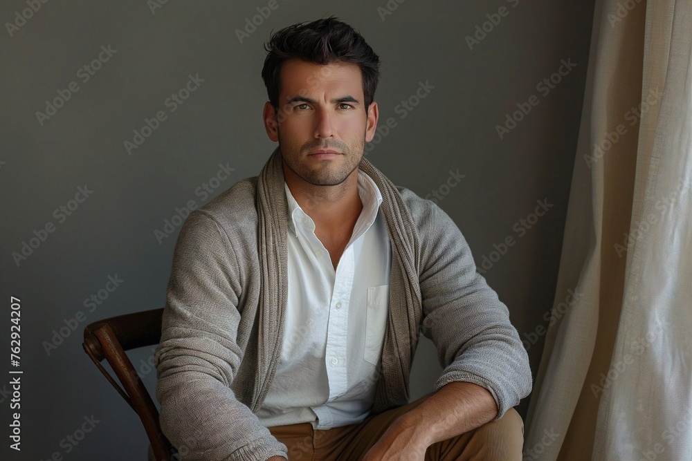 Fototapeta premium Confident handsome man sitting on chair looking at camera.