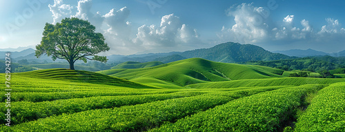 Wide wallpaper background image of long empty grass mountain valley landscape with beautiful greenish grass field and blue sky with white clouds 