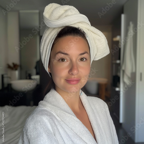 after shower morning night routine, skincare, hair towel, thick eye brow, happy smile, selfie