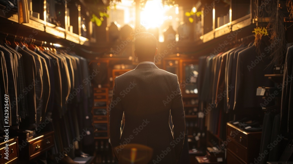 Gentleman peruses bespoke jackets in an upscale boutique setting Gentleman peruses bespoke jackets in an upscale boutique setting