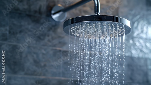 Chrome shower head streams water in a sleek, modern bathroom setting photo