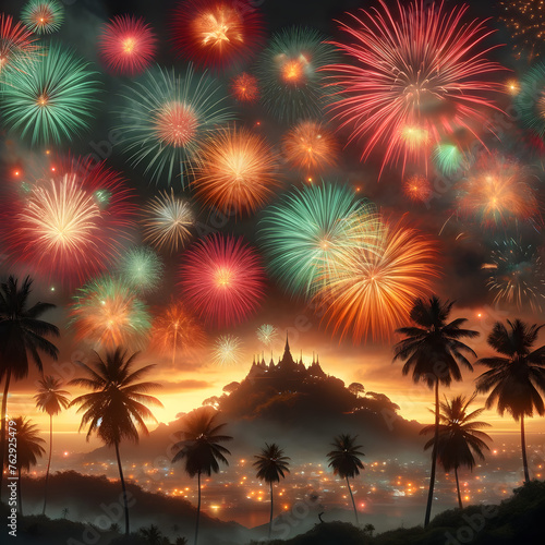 firework display above a silhouette of palm trees and a distant illuminated temple on a hill