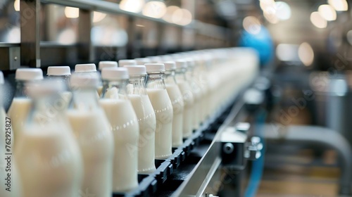 A close-up of a dairy production line with a series of milk bottles