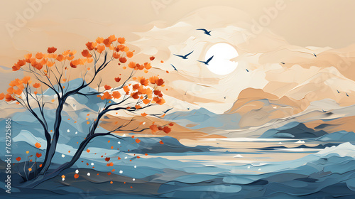 Abstract autumn nature background wallpaper , with leaves on a branch, glowing sun and warm seasonal colors