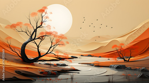 Abstract autumn nature background wallpaper , with leaves on a branch, glowing sun and warm seasonal colors