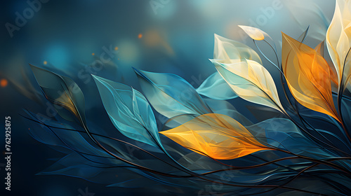 Abstract autumn nature background wallpaper , with leaves on a branch, glowing sun and warm seasonal colors