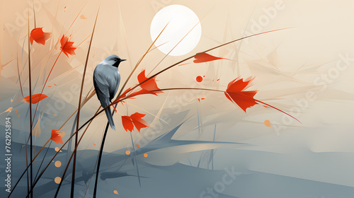 Abstract autumn nature background wallpaper , with leaves on a branch, glowing sun and warm seasonal colors