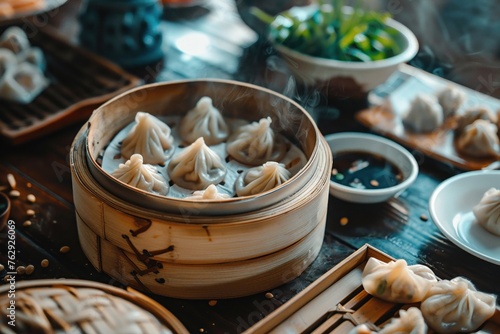 A Hot steamed dumplings served in a traditional bamboo steamer with soy sauce