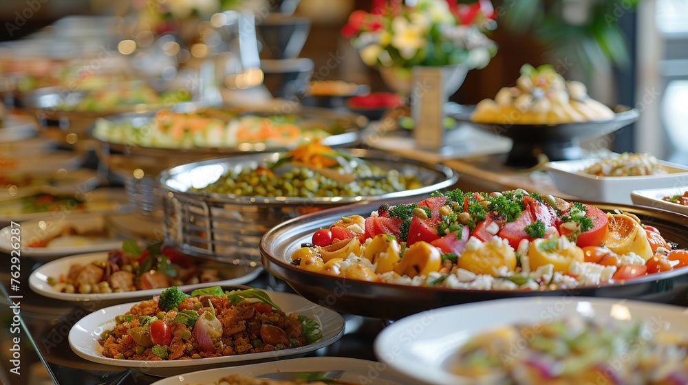 An array of delicious dishes elegantly presented on a buffet line in a contemporary restaurant atmosphere.
