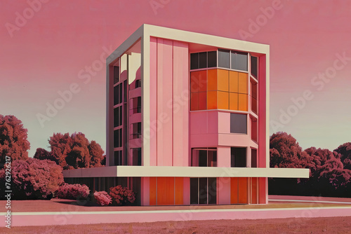 Pink and orange architectural resonance. Indie editorial collage retro illustration. Risograph risoprint artwork.  photo