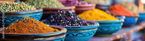 A vibrant display of exotic spices and herbs in bowls at an outdoor market photo