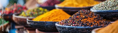 A vibrant display of exotic spices and herbs in bowls at an outdoor market photo