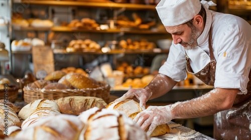 An Artisan bakers carefully shaping loaves of bread dough in a traditional bakery