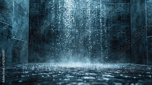 Refreshing shower rain falls against a backdrop of dark tiles