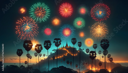 a vibrant firework display above a silhouette of palm trees and a distant illuminated temple on a hill. The sky is dark to contrast the bright  colorful fireworks which are bursting in various stages