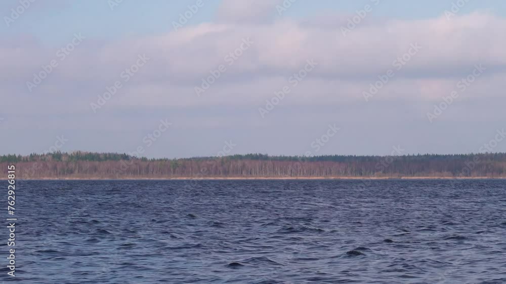 Dark blue lake ripples on sunny day with brown forest shore background Dark blue lake ripples on sunny day with brown forest shore background