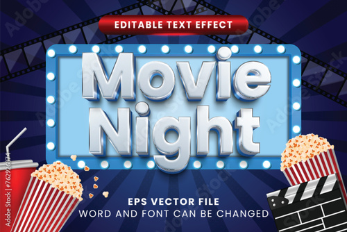 Movie night 3d editable vector text effect. Cinema theater text style