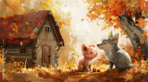 fairy tale illustrations Pig and fox in the forest
