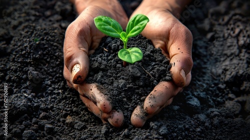 Hands nurture sapling in soil, symbolizing growth and environmental care