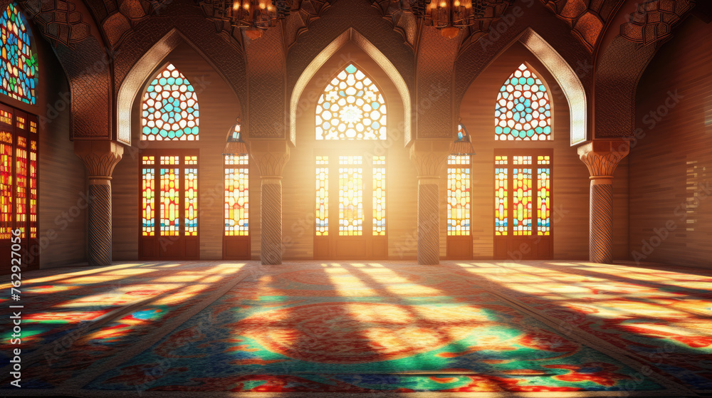 Interior view of beautiful Nasir al-Mulk Mosque, decorated walls and ...