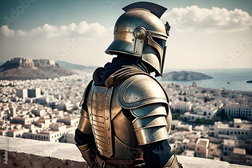 Greek soldier from the Punic Wars clad in historical armor photo