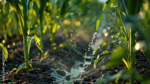 Sprinklers shower young cornfields, capturing the essence of farm life
