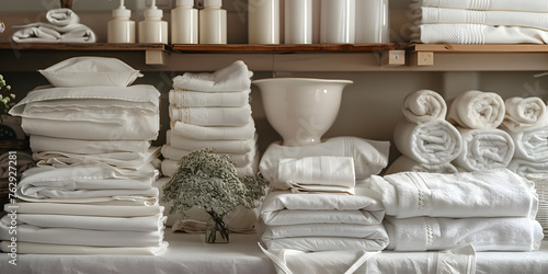 Tidy stacks of white linens including bed sheets towels and other necessary items in hospitality tidy