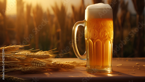Chilled beer in a glass or mug with wheat field background and wallpaper 