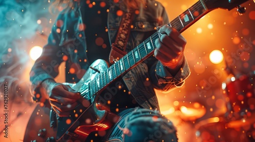 Electric guitarist performing with a band in a dynamic concert scene