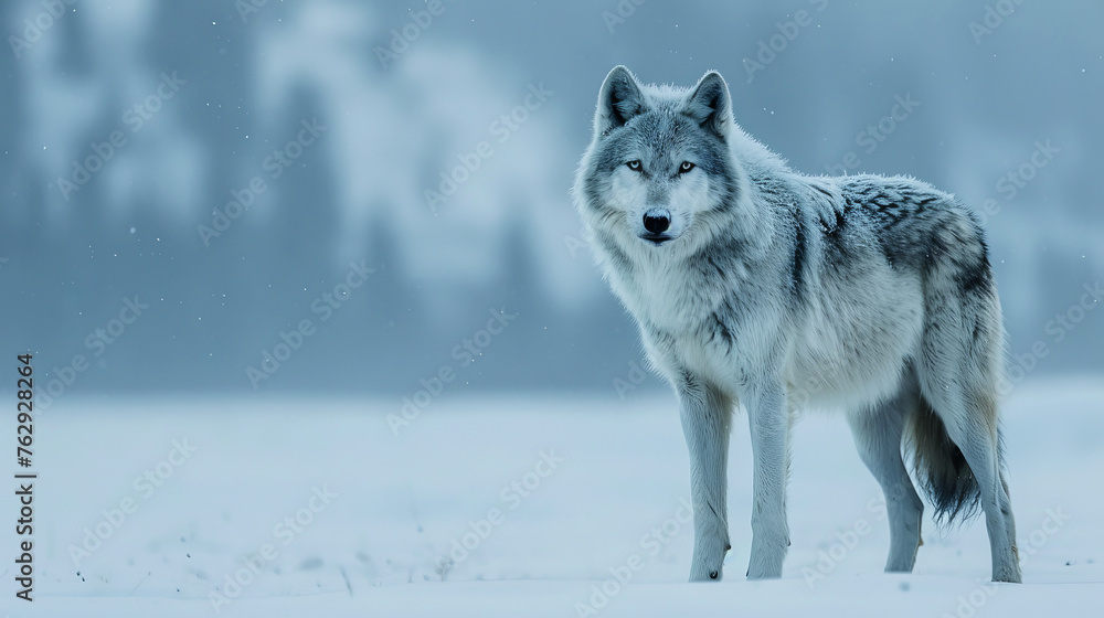 Obraz premium Majestic gray wolf standing in a snowy landscape, exuding a sense of alertness and wild beauty