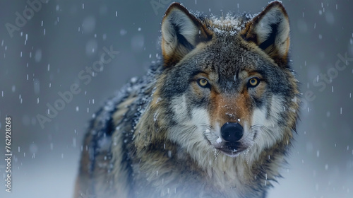 Majestic gray wolf standing in a snowy landscape, exuding a sense of alertness and wild beauty