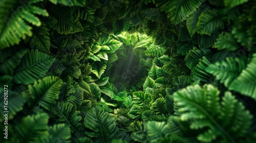 Dense foliage of ferns arranged in a hypnotic circular design