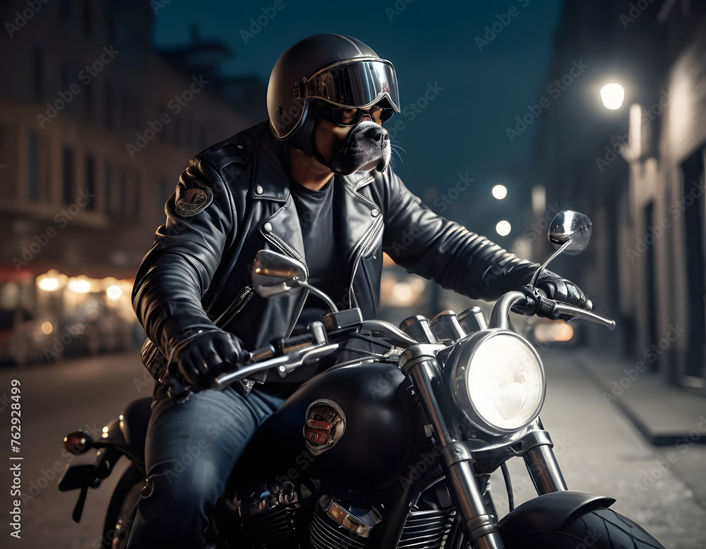 A brutal dog in sunglasses and a leather jacket rides a motorcycle outdoors. Generative AI. A brutal dog in sunglasses and a leather jacket rides a motorcycle outdoors. Generative AI.