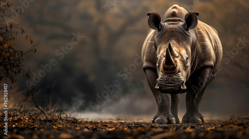 Imposing Rhinoceros Facing Forward with Intense Gaze on a Hazy Background
