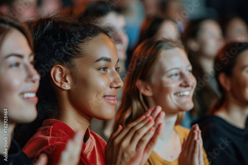 Diverse audience of men and women, representing various ethnicities, enjoying a live performance in a theater setting, immersed in joy and togetherness, against a striking black backdrop