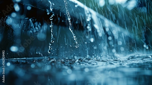 Pattering rainwater flows from a gutter, a scene of urban rainfall