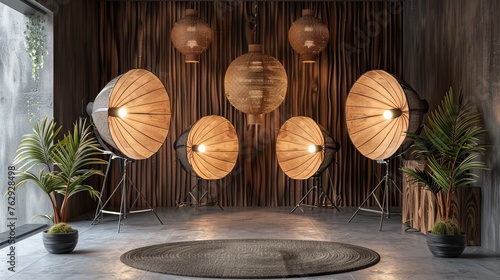 Professional photo shoot arrangement with high-key lighting gear